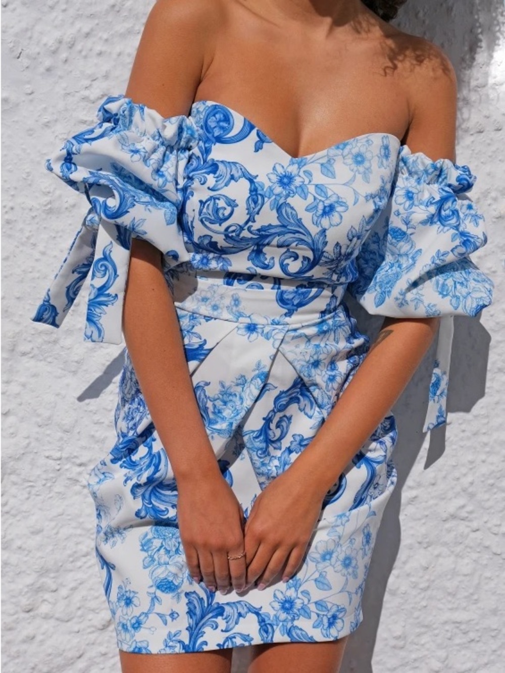 Blue & White Off-Shoulder Floral Mini Dress